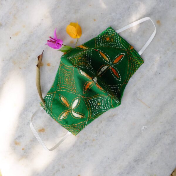 100% Cotton Kantha Work Hand Embroidery designer face mask - Green