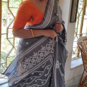 Gujrati stitch on grey katan silk saree