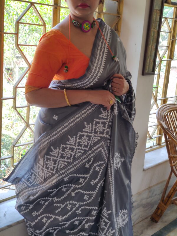 Gujrati stitch on grey katan silk saree