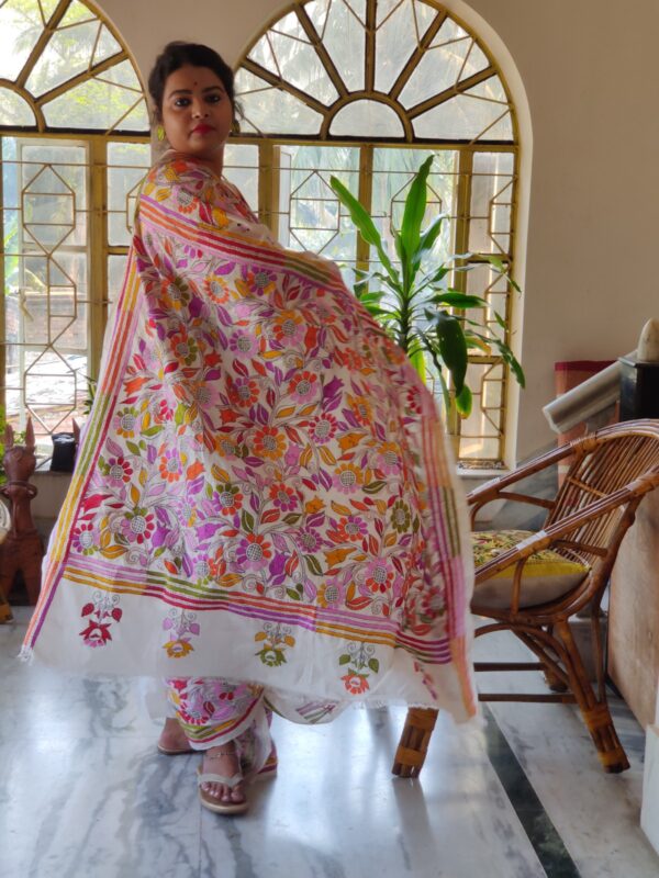 Katha Stitch On White Bishnupur Katan Silk