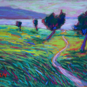 Dry pastel painting of a curved path through a green field with leaning trees and a purple horizon, by Saikat Mondal