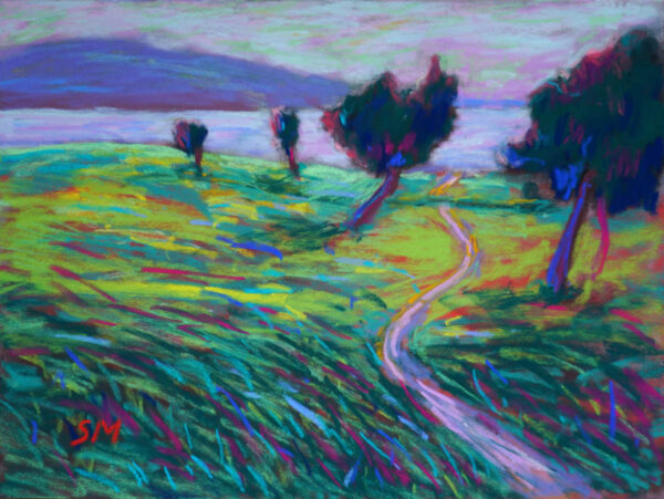 Dry pastel painting of a curved path through a green field with leaning trees and a purple horizon, by Saikat Mondal