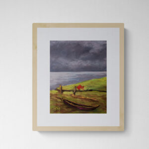 Dry pastel painting of a riverbank with a torn red kite caught on a post, a broken boat, and a dramatic monsoon sky.