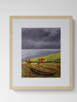 Dry pastel painting of a riverbank with a torn red kite caught on a post, a broken boat, and a dramatic monsoon sky.