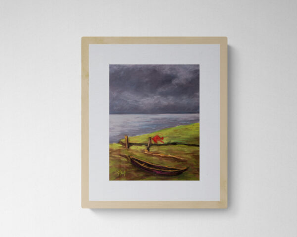 Dry pastel painting of a riverbank with a torn red kite caught on a post, a broken boat, and a dramatic monsoon sky.