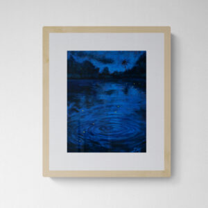 Dry pastel artwork showing a dark blue pond on a monsoon night, with circular ripples, yellow leaves floating, and tree silhouettes in the background. Created by artist Saikat Mondal.