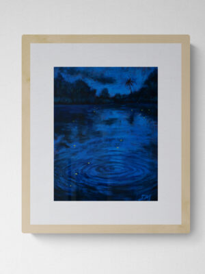 Dry pastel artwork showing a dark blue pond on a monsoon night, with circular ripples, yellow leaves floating, and tree silhouettes in the background. Created by artist Saikat Mondal.