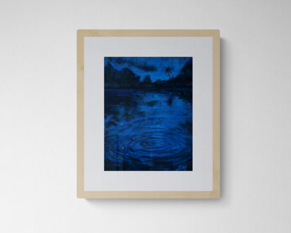 Dry pastel artwork showing a dark blue pond on a monsoon night, with circular ripples, yellow leaves floating, and tree silhouettes in the background. Created by artist Saikat Mondal.