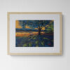Dry pastel painting showing a large tree beside a calm lake at sunset, a bench under the tree, and golden light reflecting on water. Artwork by Saikat Mondal
