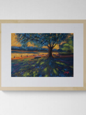 Dry pastel painting showing a large tree beside a calm lake at sunset, a bench under the tree, and golden light reflecting on water. Artwork by Saikat Mondal