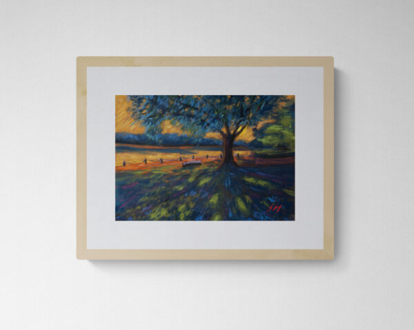 Dry pastel painting showing a large tree beside a calm lake at sunset, a bench under the tree, and golden light reflecting on water. Artwork by Saikat Mondal