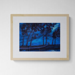 Dry pastel painting of two Baul singers under a moonlit forest canopy with glowing blue tones and tall trees, by Saikat Mondal