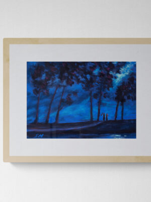 Dry pastel painting of two Baul singers under a moonlit forest canopy with glowing blue tones and tall trees, by Saikat Mondal