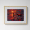 Dry pastel painting of a boy and horse walking along the Puri beach at sunset, glowing with red and purple light, by Saikat Mondal.