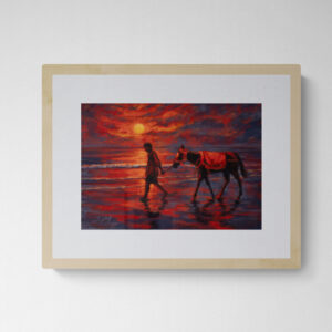 Dry pastel painting of a boy and horse walking along the Puri beach at sunset, glowing with red and purple light, by Saikat Mondal.