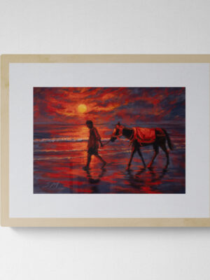Dry pastel painting of a boy and horse walking along the Puri beach at sunset, glowing with red and purple light, by Saikat Mondal.