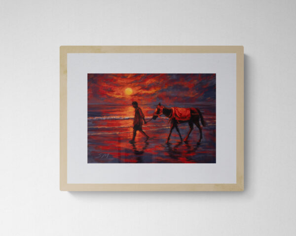 Dry pastel painting of a boy and horse walking along the Puri beach at sunset, glowing with red and purple light, by Saikat Mondal.