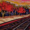 A dry pastel painting of a rural railway platform bordered by bright red Palash trees under a colorful sky.