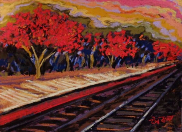 A dry pastel painting of a rural railway platform bordered by bright red Palash trees under a colorful sky.