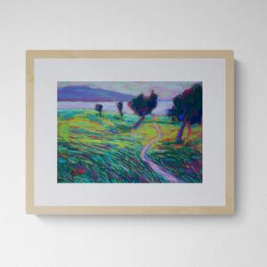 Dry pastel painting of a curved path through a green field with leaning trees and a purple horizon, by Saikat Mondal