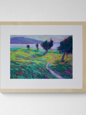 Dry pastel painting of a curved path through a green field with leaning trees and a purple horizon, by Saikat Mondal