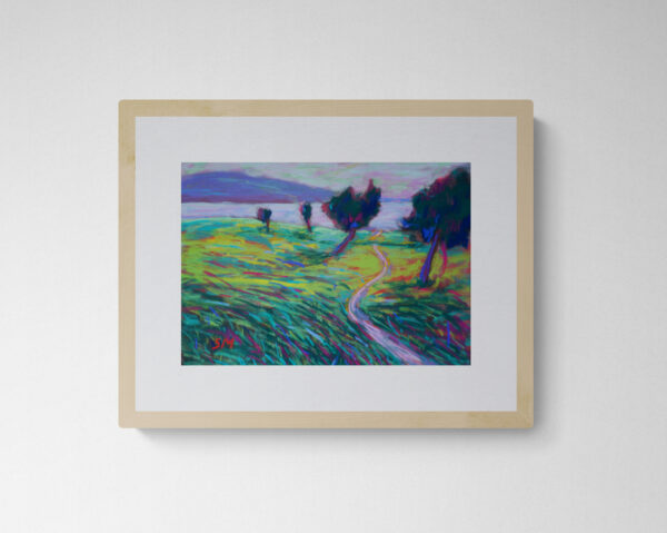 Dry pastel painting of a curved path through a green field with leaning trees and a purple horizon, by Saikat Mondal