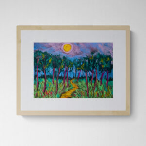 Dry pastel artwork showing a winding yellow path through eucalyptus trees under a glowing full moon, with vivid red trunks and grassy textures.