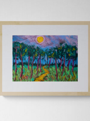 Dry pastel artwork showing a winding yellow path through eucalyptus trees under a glowing full moon, with vivid red trunks and grassy textures.