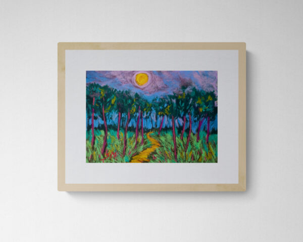 Dry pastel artwork showing a winding yellow path through eucalyptus trees under a glowing full moon, with vivid red trunks and grassy textures.