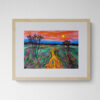 Dry pastel painting of a golden path through colorful fields with a small figure walking under an orange sky, by Saikat Mondal