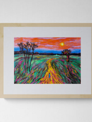 Dry pastel painting of a golden path through colorful fields with a small figure walking under an orange sky, by Saikat Mondal