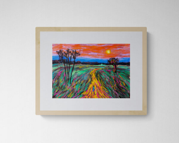 Dry pastel painting of a golden path through colorful fields with a small figure walking under an orange sky, by Saikat Mondal
