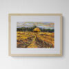 Dry pastel painting of a post-harvest paddy field with swirling furrows in the soil, a central haystack hut, and tree line under a moody grey-lavender sky.