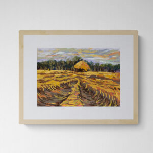 Dry pastel painting of a post-harvest paddy field with swirling furrows in the soil, a central haystack hut, and tree line under a moody grey-lavender sky.