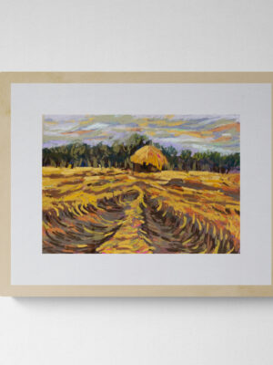 Dry pastel painting of a post-harvest paddy field with swirling furrows in the soil, a central haystack hut, and tree line under a moody grey-lavender sky.