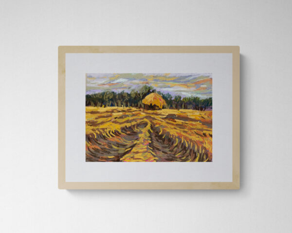 Dry pastel painting of a post-harvest paddy field with swirling furrows in the soil, a central haystack hut, and tree line under a moody grey-lavender sky.