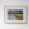 Dry pastel painting of a monsoon paddy field with waterlogged soil, reflections of clouds, and distant farmers working in a lush green patch under a cloudy sky