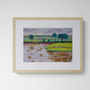 Dry pastel painting of a monsoon paddy field with waterlogged soil, reflections of clouds, and distant farmers working in a lush green patch under a cloudy sky
