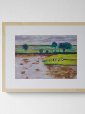 Dry pastel painting of a monsoon paddy field with waterlogged soil, reflections of clouds, and distant farmers working in a lush green patch under a cloudy sky