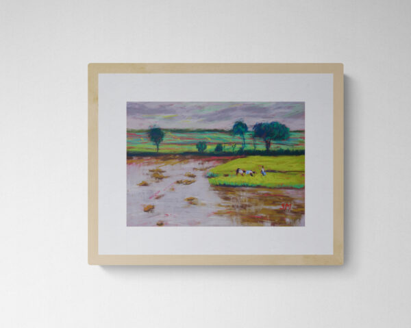 Dry pastel painting of a monsoon paddy field with waterlogged soil, reflections of clouds, and distant farmers working in a lush green patch under a cloudy sky