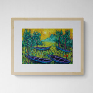 Dry pastel painting of blue and purple boats lying in a glowing yellow-green field surrounded by trees, under a surreal sky.