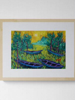 Dry pastel painting of blue and purple boats lying in a glowing yellow-green field surrounded by trees, under a surreal sky.