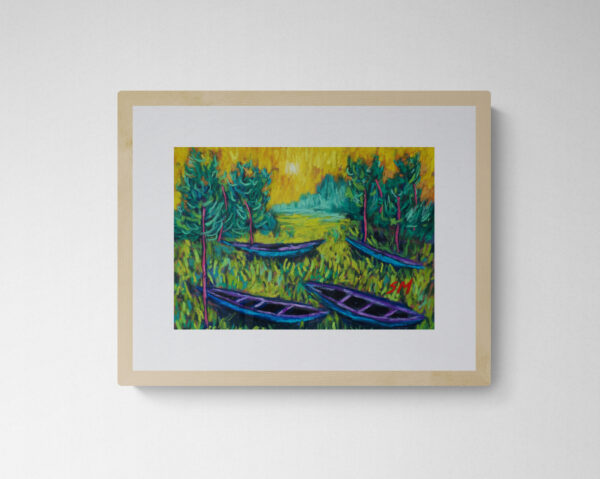 Dry pastel painting of blue and purple boats lying in a glowing yellow-green field surrounded by trees, under a surreal sky.