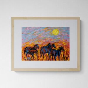 Dry pastel painting of wild horses under Kartik moonlight, inspired by Jibanananda Das’s poem Mohiner Ghora, by Saikat Mondal
