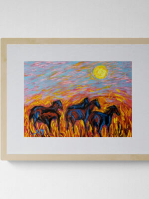 Dry pastel painting of wild horses under Kartik moonlight, inspired by Jibanananda Das’s poem Mohiner Ghora, by Saikat Mondal