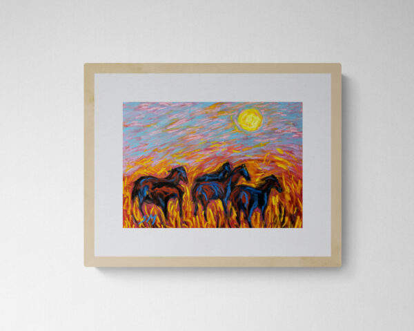 Dry pastel painting of wild horses under Kartik moonlight, inspired by Jibanananda Das’s poem Mohiner Ghora, by Saikat Mondal