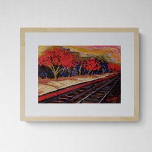 A dry pastel painting of a rural railway platform bordered by bright red Palash trees under a colorful sky.