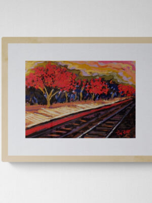 A dry pastel painting of a rural railway platform bordered by bright red Palash trees under a colorful sky.