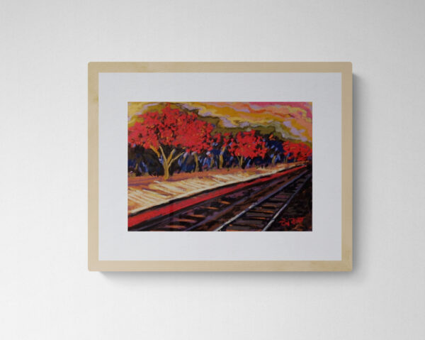 A dry pastel painting of a rural railway platform bordered by bright red Palash trees under a colorful sky.