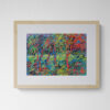 A vibrant dry pastel painting of windblown trees, featuring bright red trunks and foliage in swirling greens, blues, and purples.